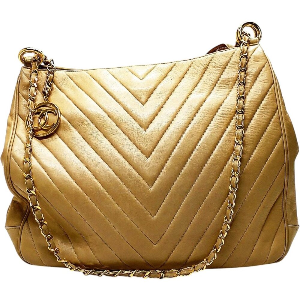 (S6) Chanel Shoulder Bag Beige Leather